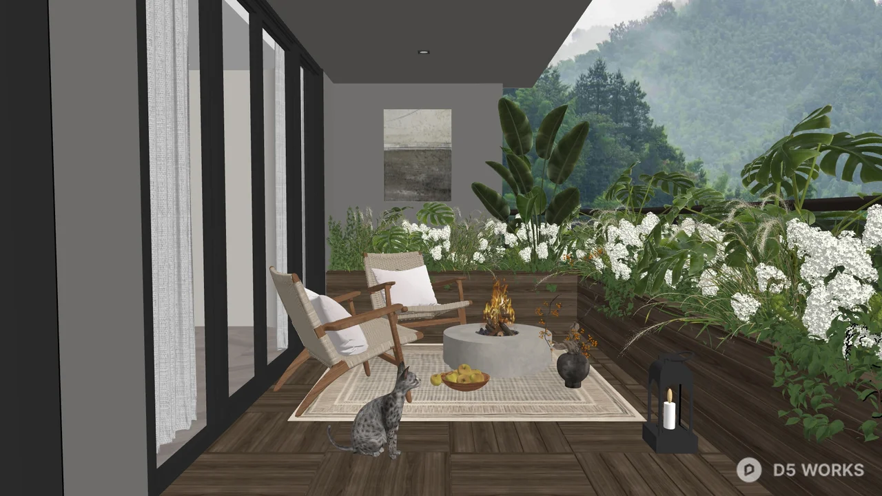 Minimalist Home Balcony with Fire Pit and Greenery 3d model - Image 1