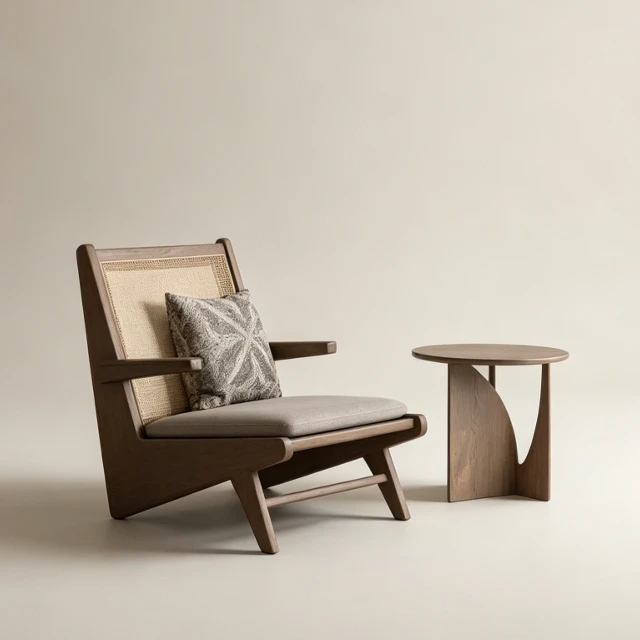 Mid-Century Modern Rattan Armchair and Side Table Set 3d model