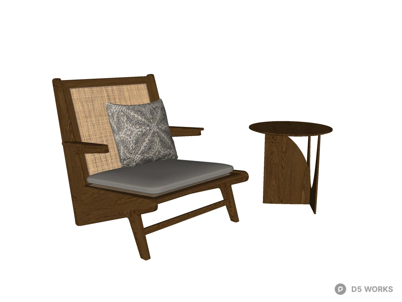 Mid-Century Modern Rattan Armchair and Side Table Set 3d model thumbnail 2