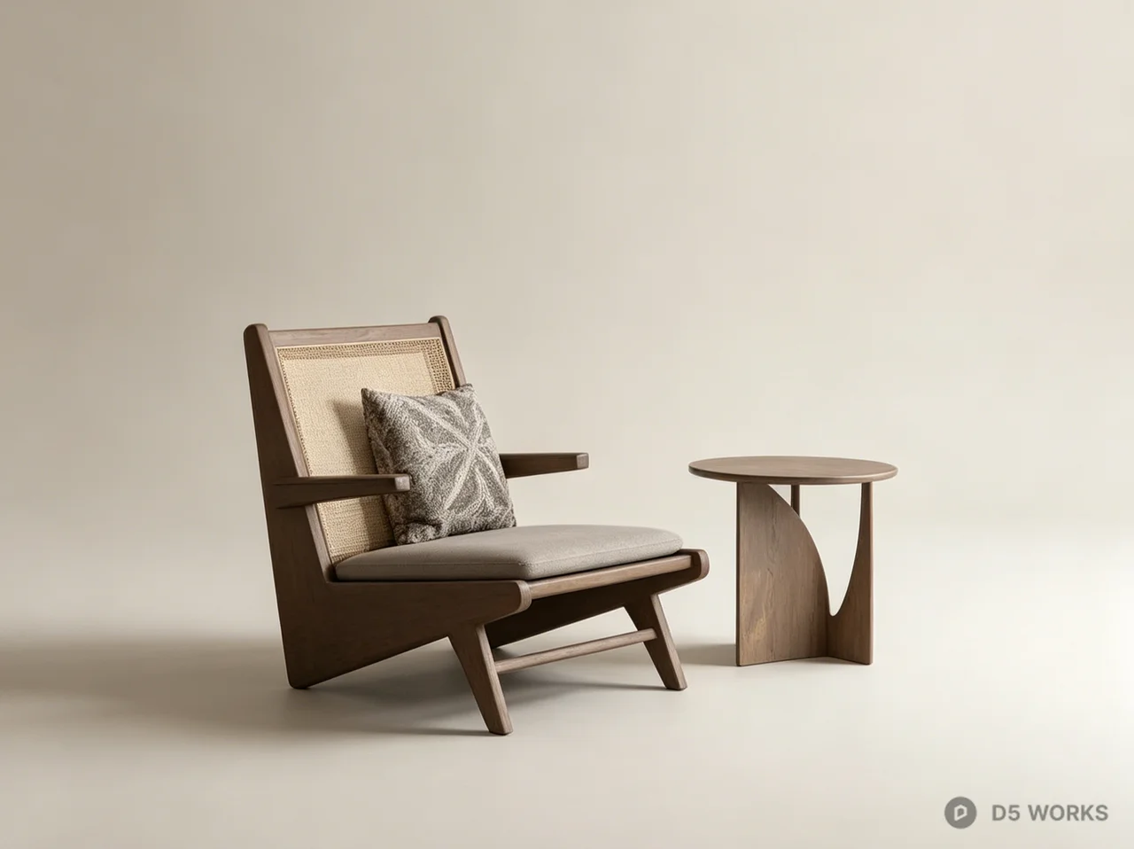 Mid-Century Modern Rattan Armchair and Side Table Set 3d model - Image 1