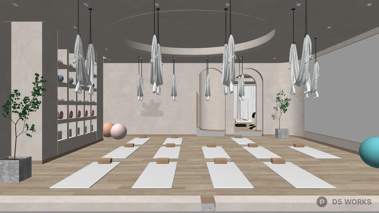 Minimalist Yoga Studio with Mat Rows and Hanging Decor 3d model - Image 1