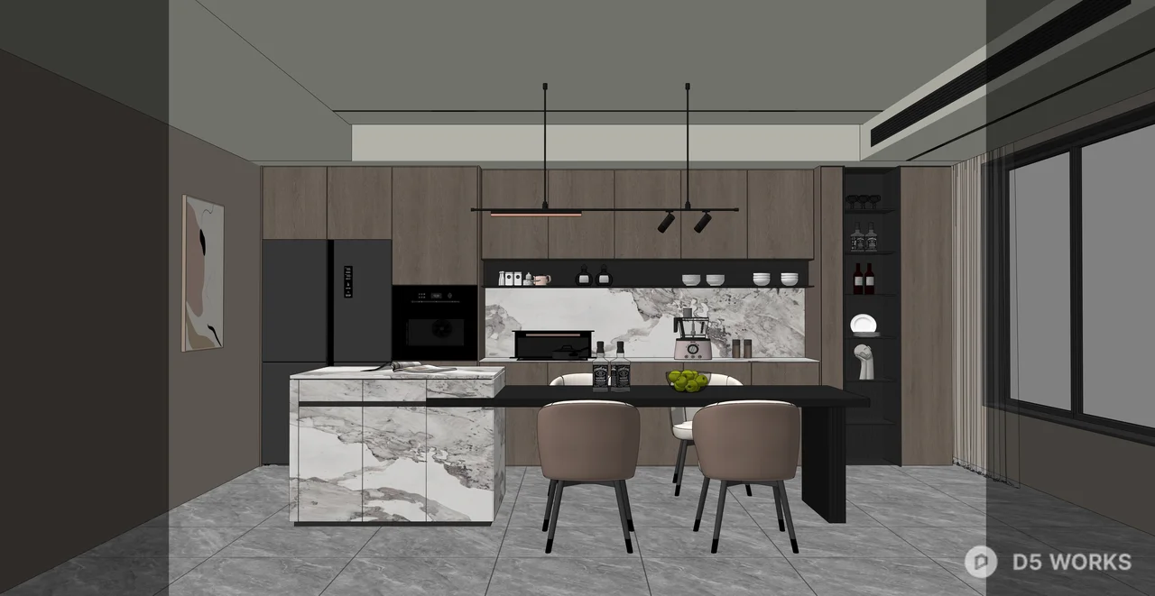 Modern Minimalist Italian Style Kitchen with Marble Island and Wood ...
