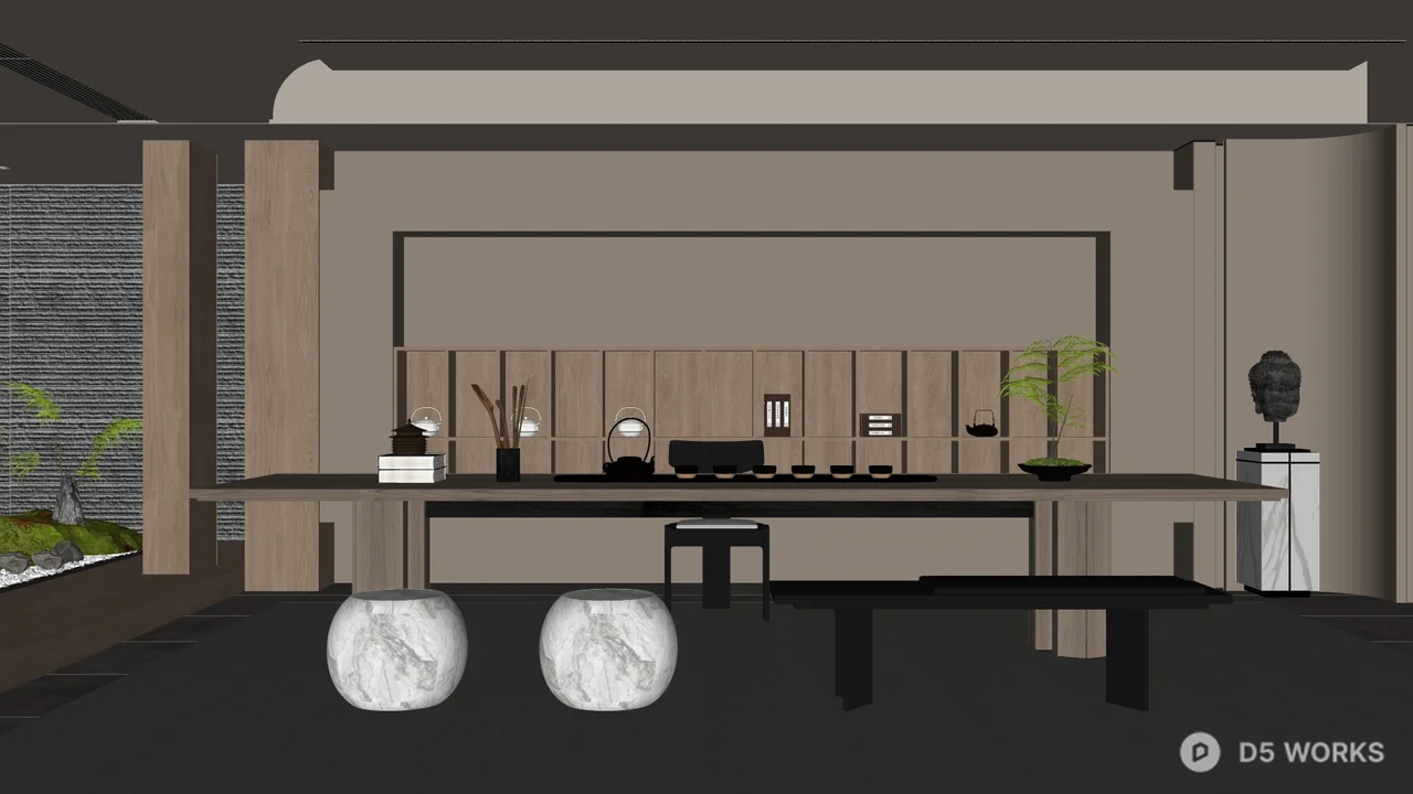 Minimalist Tea Room with Stone Stools 3d model - Image 1