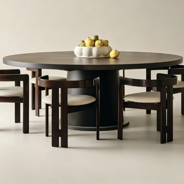 Modern Dark Wood Round Dining Set with Barrel Chairs 3d model