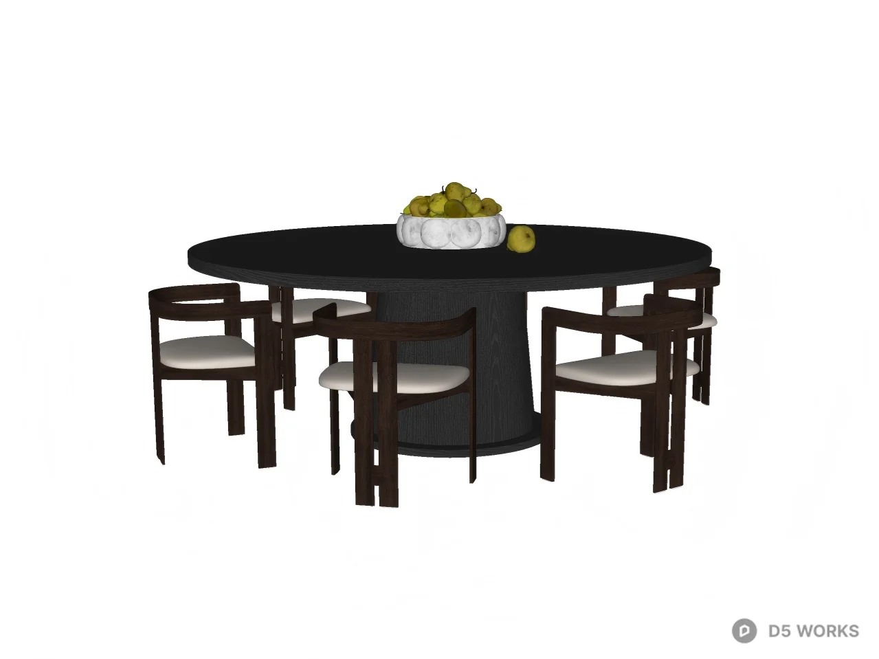 Modern Dark Wood Round Dining Set with Barrel Chairs 3d model thumbnail 2