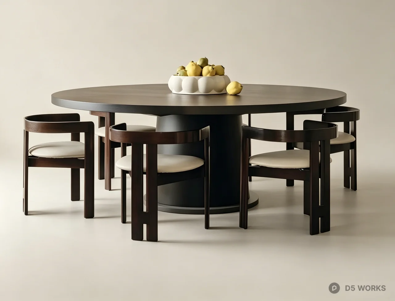 Modern Dark Wood Round Dining Set with Barrel Chairs 3d model - Image 1