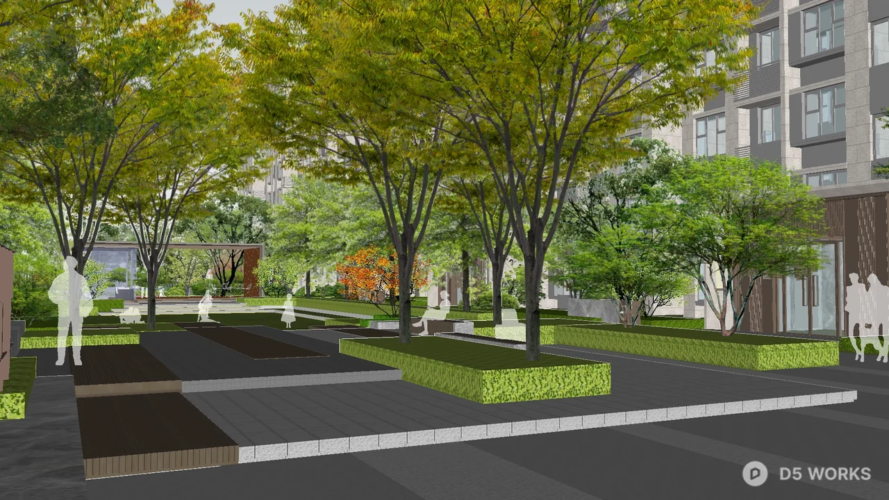 Residential Landscape With Green Belts And Tree-lined Walkway 3d model - Image 1