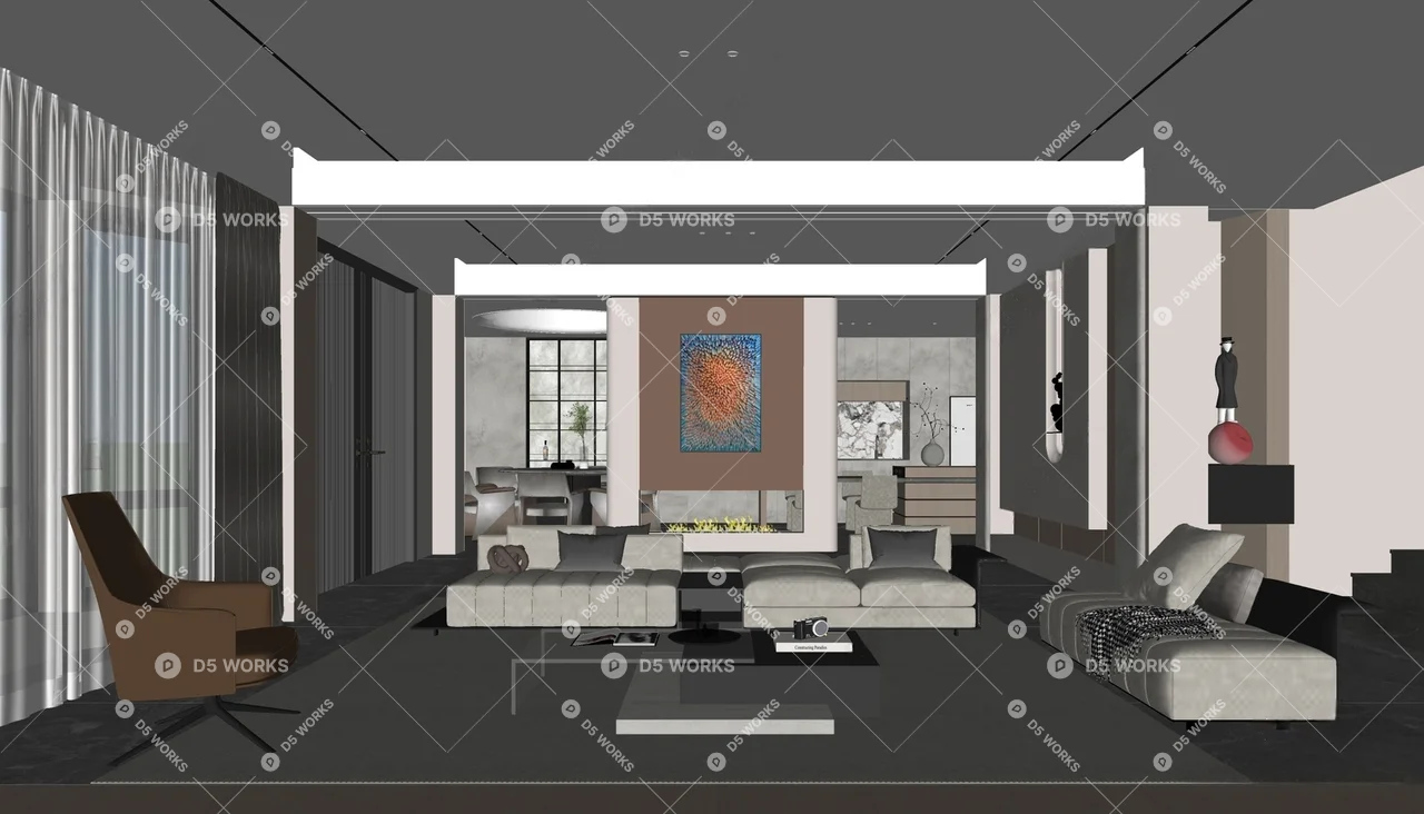 Modern Living & Dining Room 3d model thumbnail 2