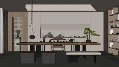 Minimalist Tea Room with Mountain View 3d model