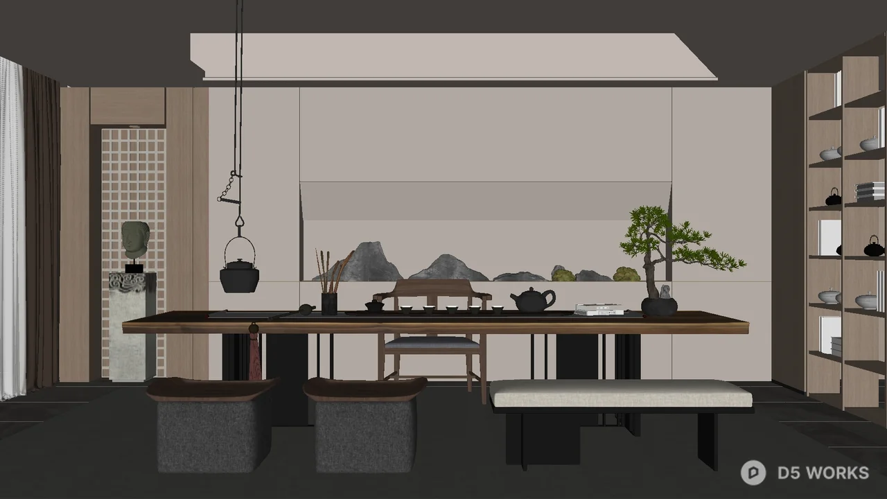 Minimalist Tea Room with Mountain View 3d model - Image 1