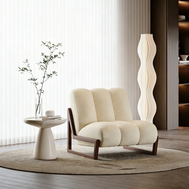 Modern Boucle Ribbed Armchair with Wood Frame 3d model