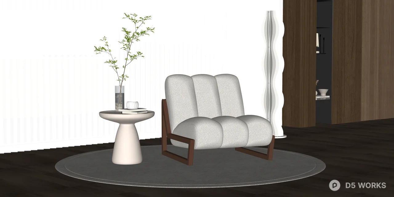 Modern Boucle Ribbed Armchair with Wood Frame 3d model thumbnail 2