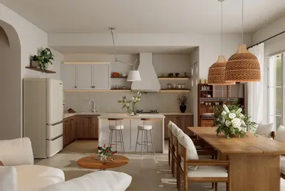 Warm Minimalist Open Kitchen And Dining Space 3d model