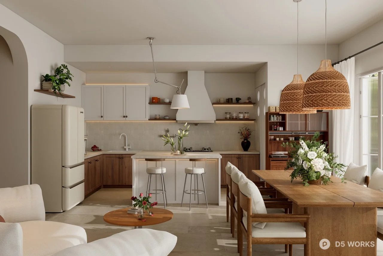 Warm Minimalist Open Kitchen And Dining Space 3d model - Image 1