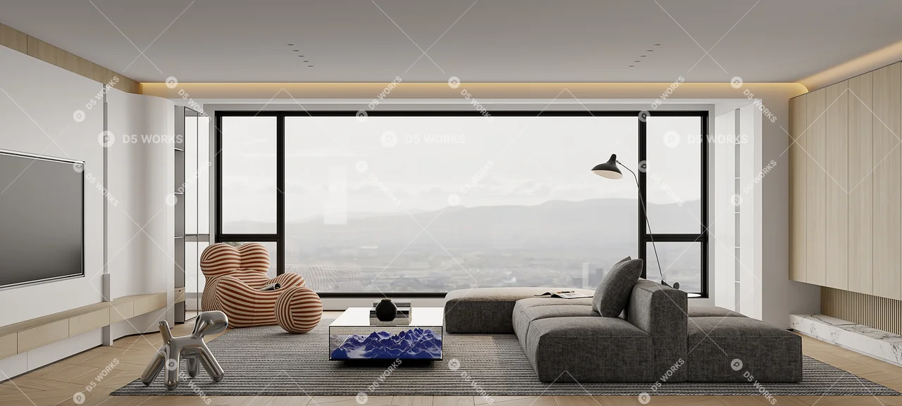 Modern Living & Dining Room 3d model thumbnail 2