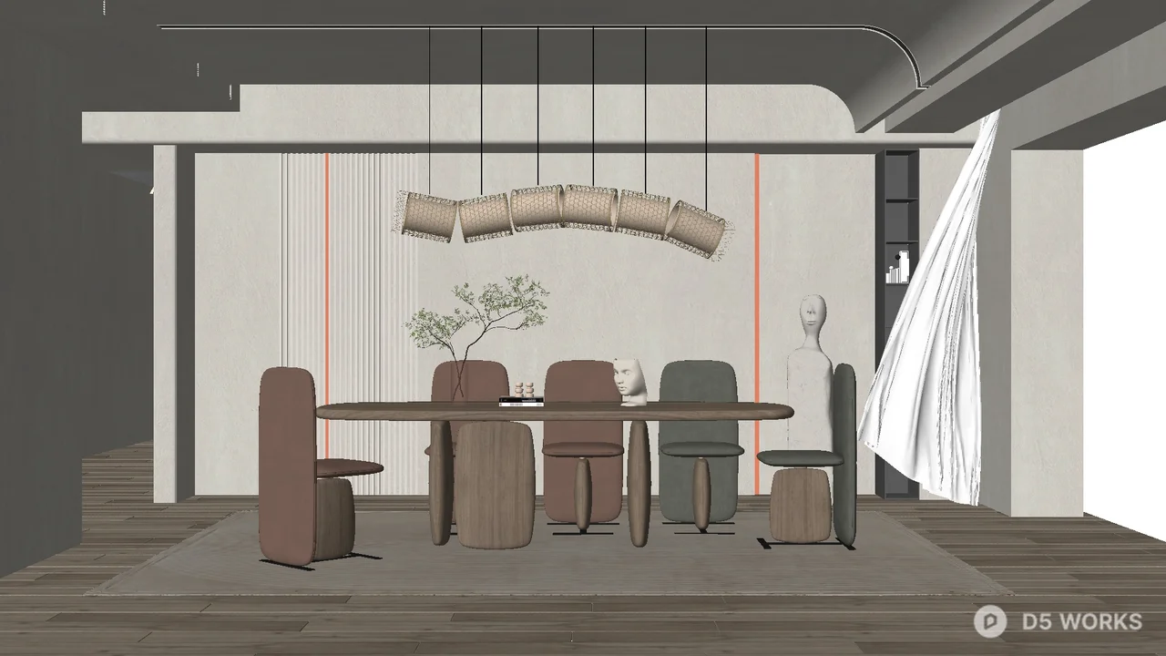 Modern Minimalist Dining Room with Linear Pendant Lights 3d model - Image 1