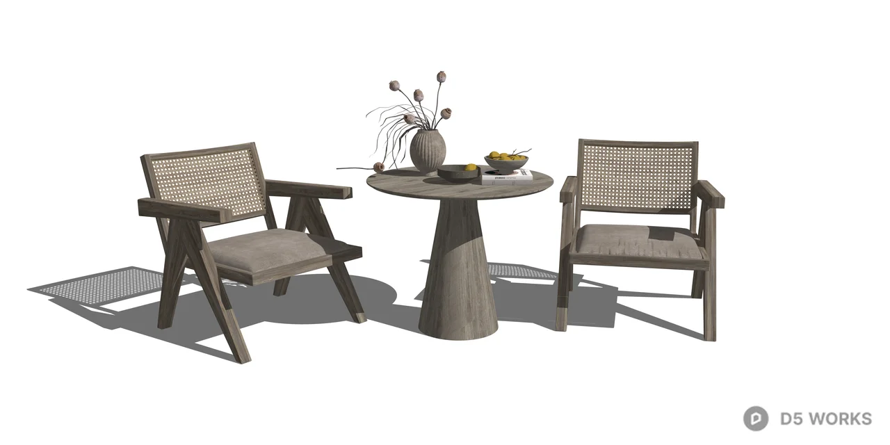 Rustic Woven Rattan Casual Table and Chair Set 3d model thumbnail 2