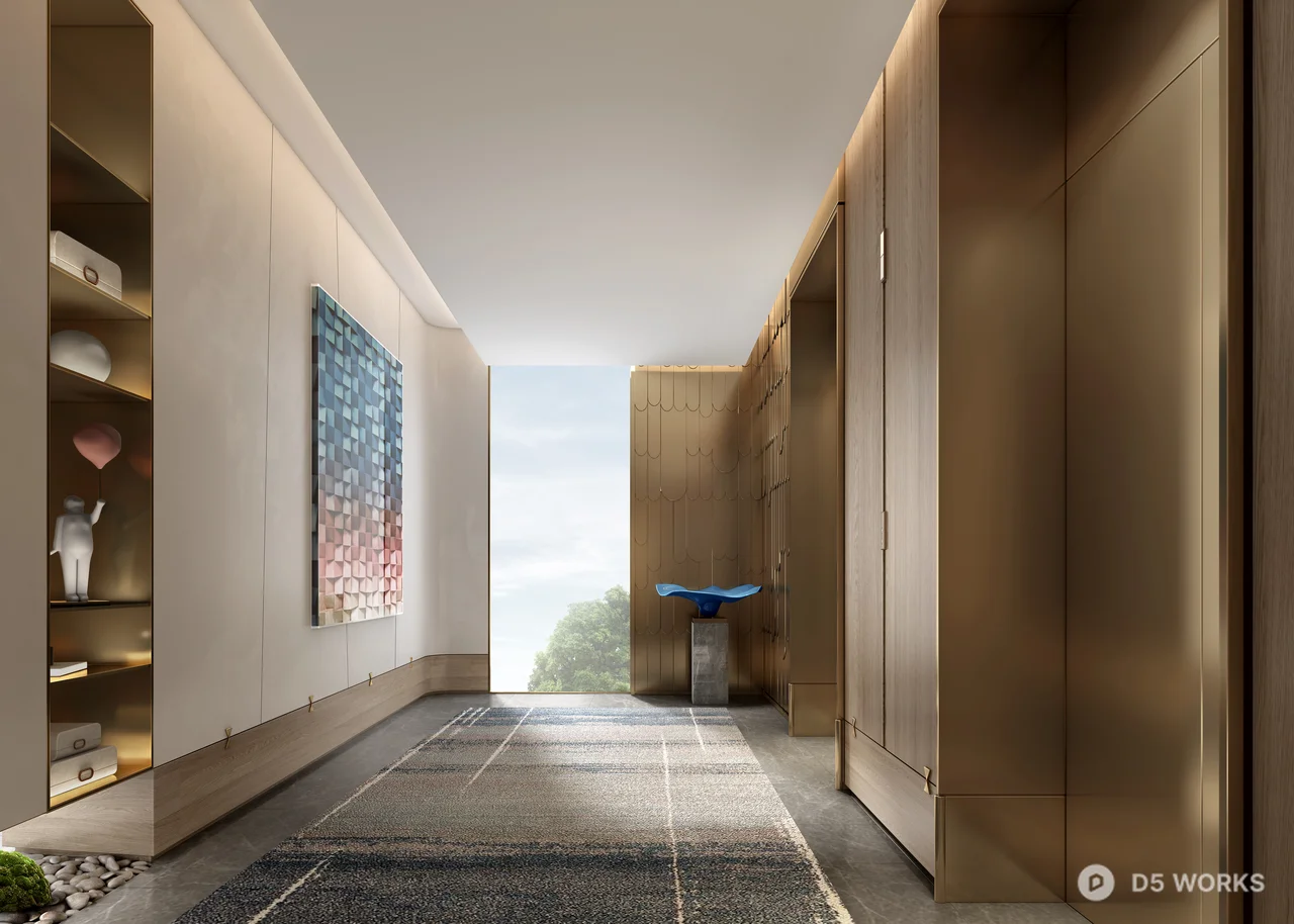 Modern Corridor with Art Wall and Ambient Lighting 3d model - Image 1