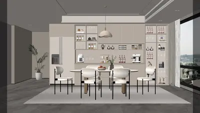 Modern Minimalist Dining Room With Open Shelving And City View 3d model
