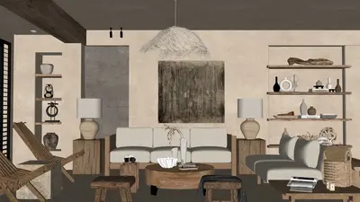 Minimalist Living Room with Neutral Tones and Textured Accents 3d model