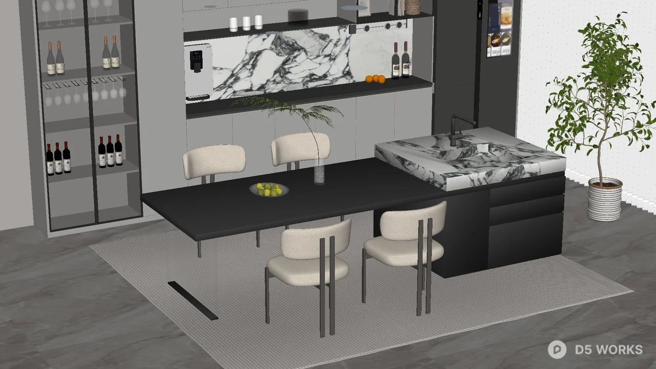 Free Modern Minimalist Open Dining Room With Marble Island 3D Model .skp