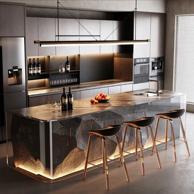 Modern Dark Stone Kitchen Island and Bar Set 3d model