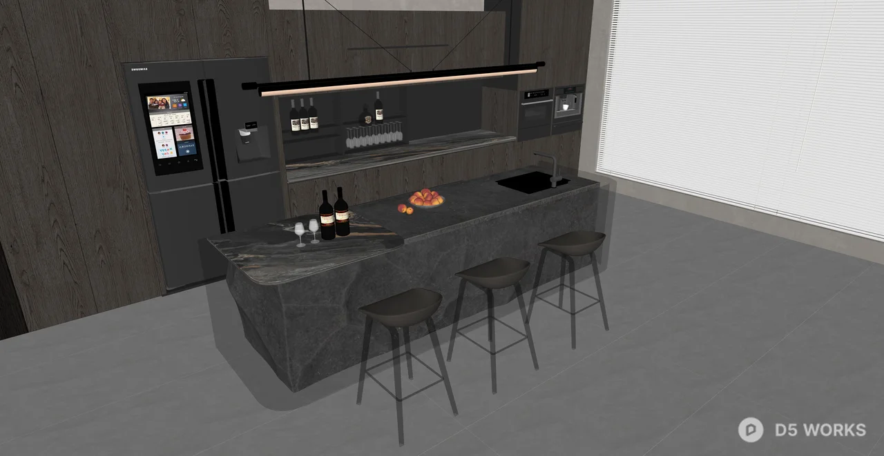 Modern Dark Stone Kitchen Island and Bar Set 3d model thumbnail 2