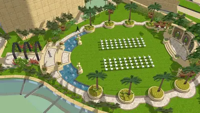 Resort Lawn With Pool And Palm Trees 3d model