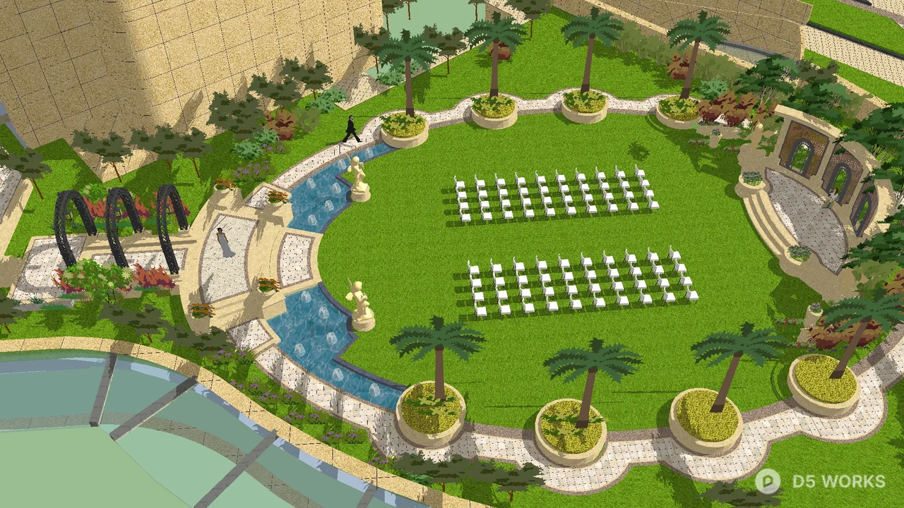 Resort Lawn With Pool And Palm Trees 3d model - Image 1