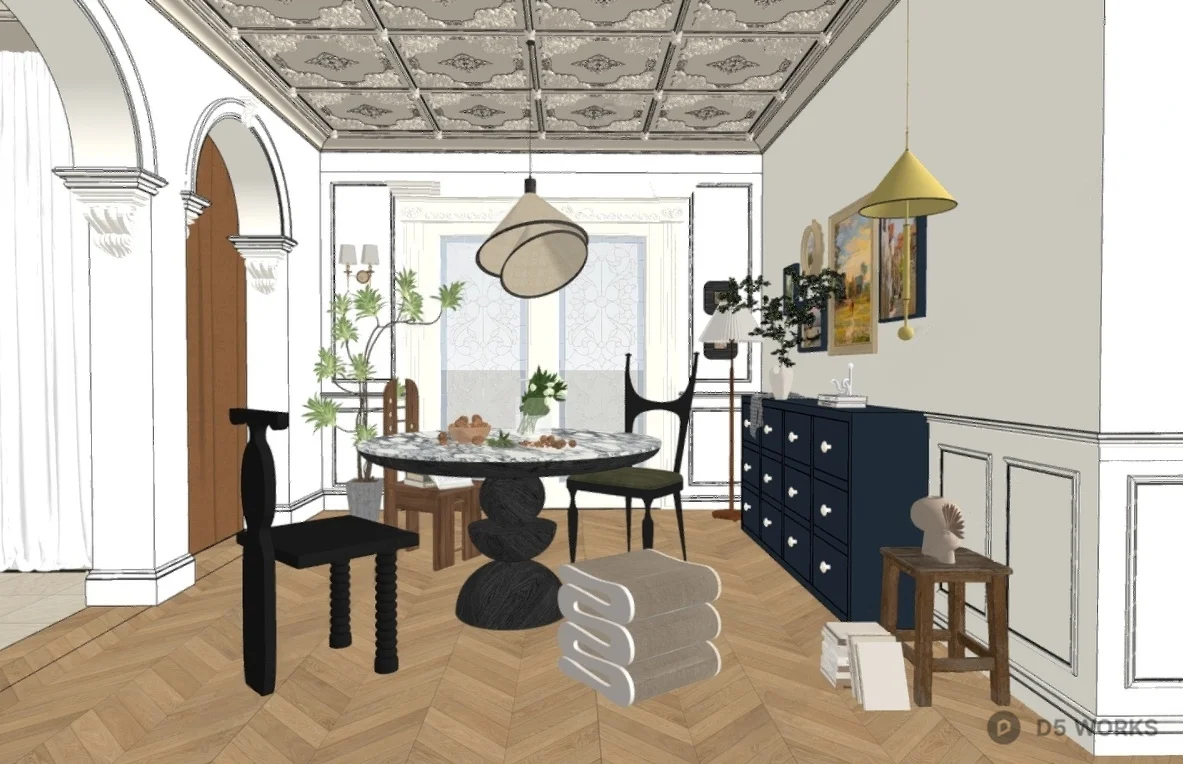 Eclectic Dining Room With Vintage Ceiling 3d model thumbnail 2
