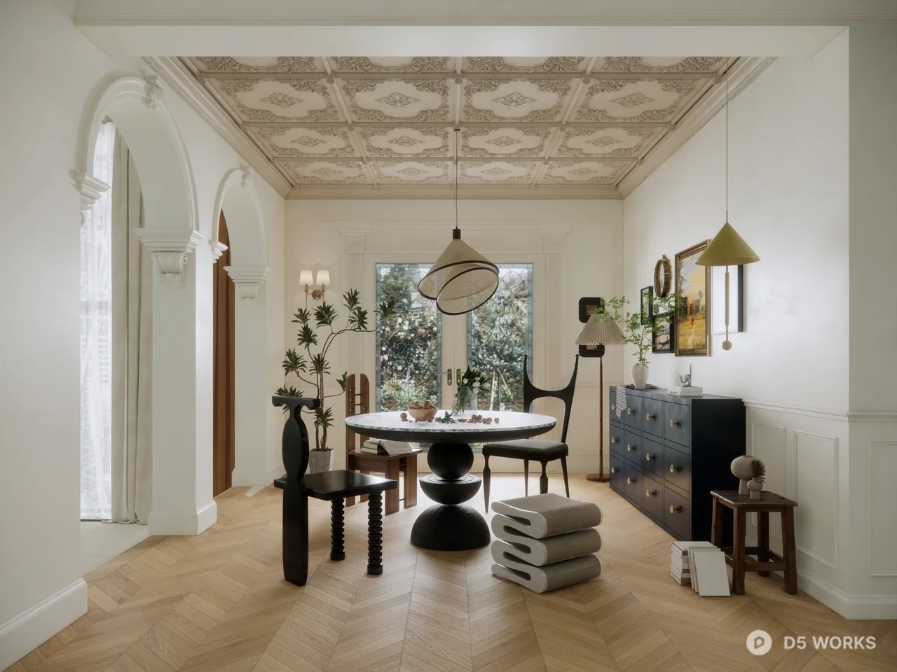 Eclectic Dining Room With Vintage Ceiling 3d model - Image 1