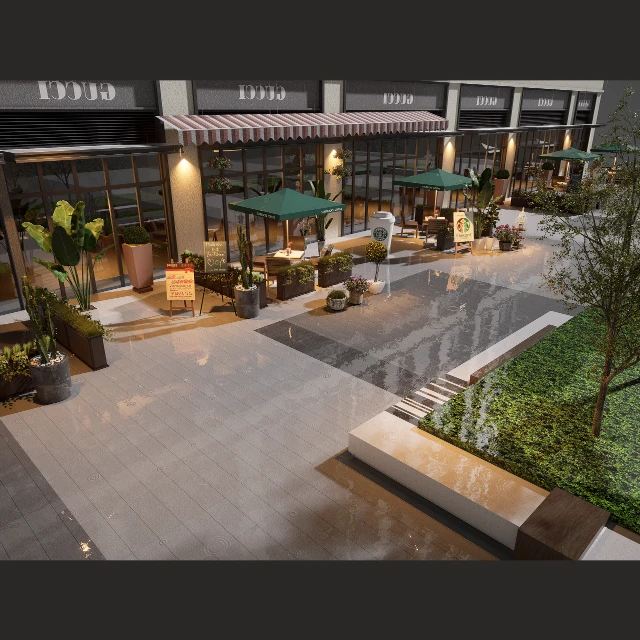 Modern Commercial Street Outdoor Cafe Scene 3d model
