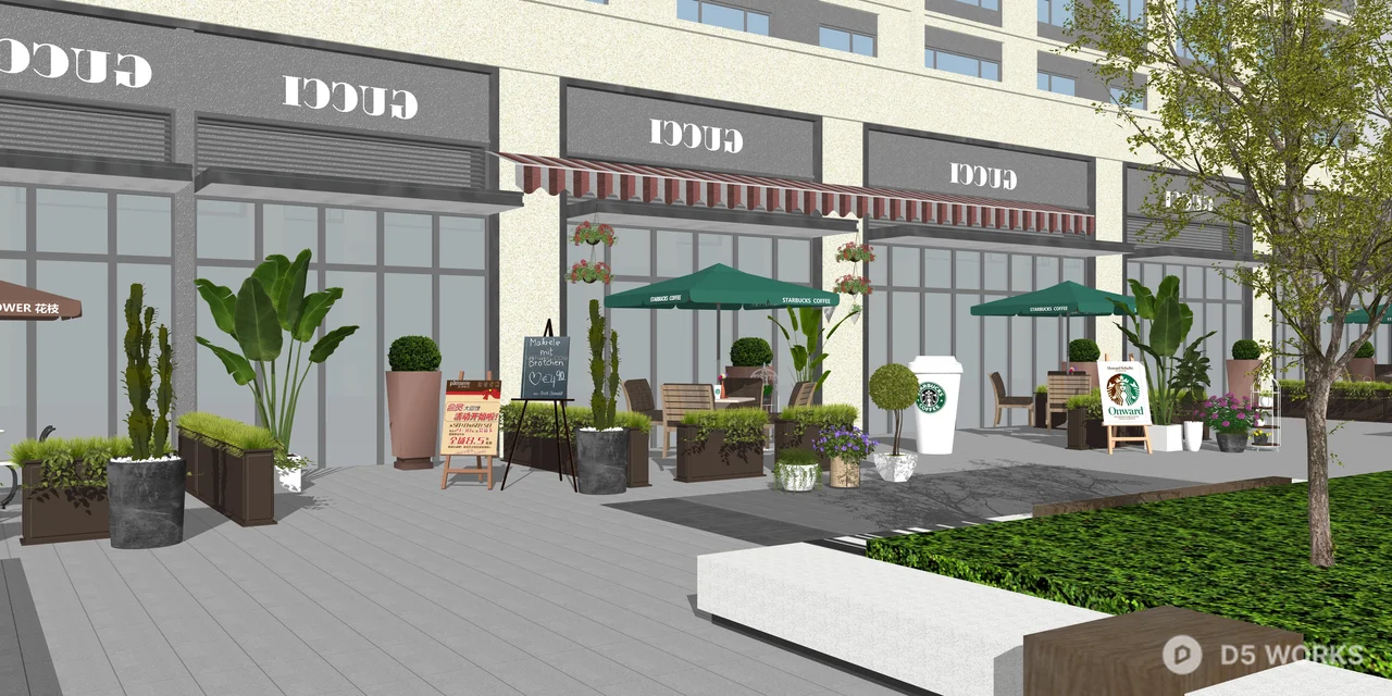 Modern Commercial Street Outdoor Cafe Scene 3d model thumbnail 2