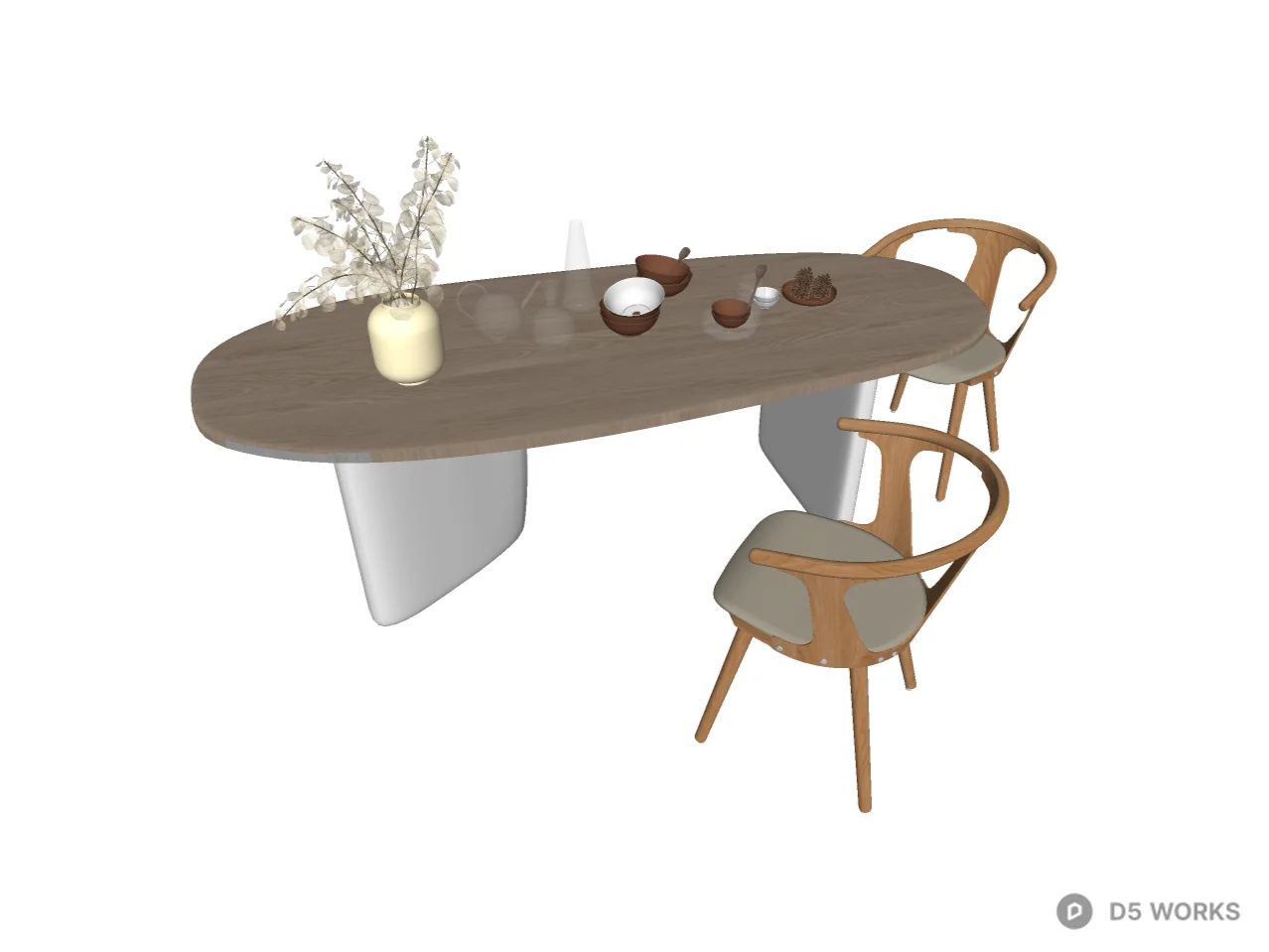 Minimalist Japandi Oval Dining Set 3d model thumbnail 2