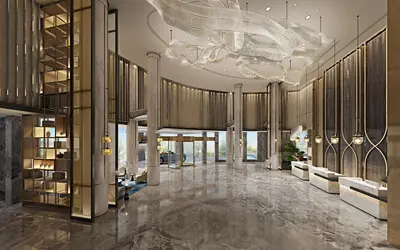 Luxury Hotel Lobby With Curved Gold Paneling And Sculptural Chandelier 3d model