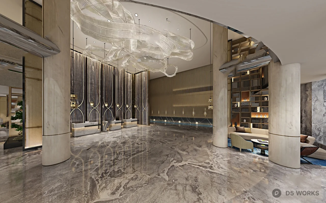 Luxury Hotel Lobby With Curved Gold Paneling And Sculptural Chandelier 3d model thumbnail 2