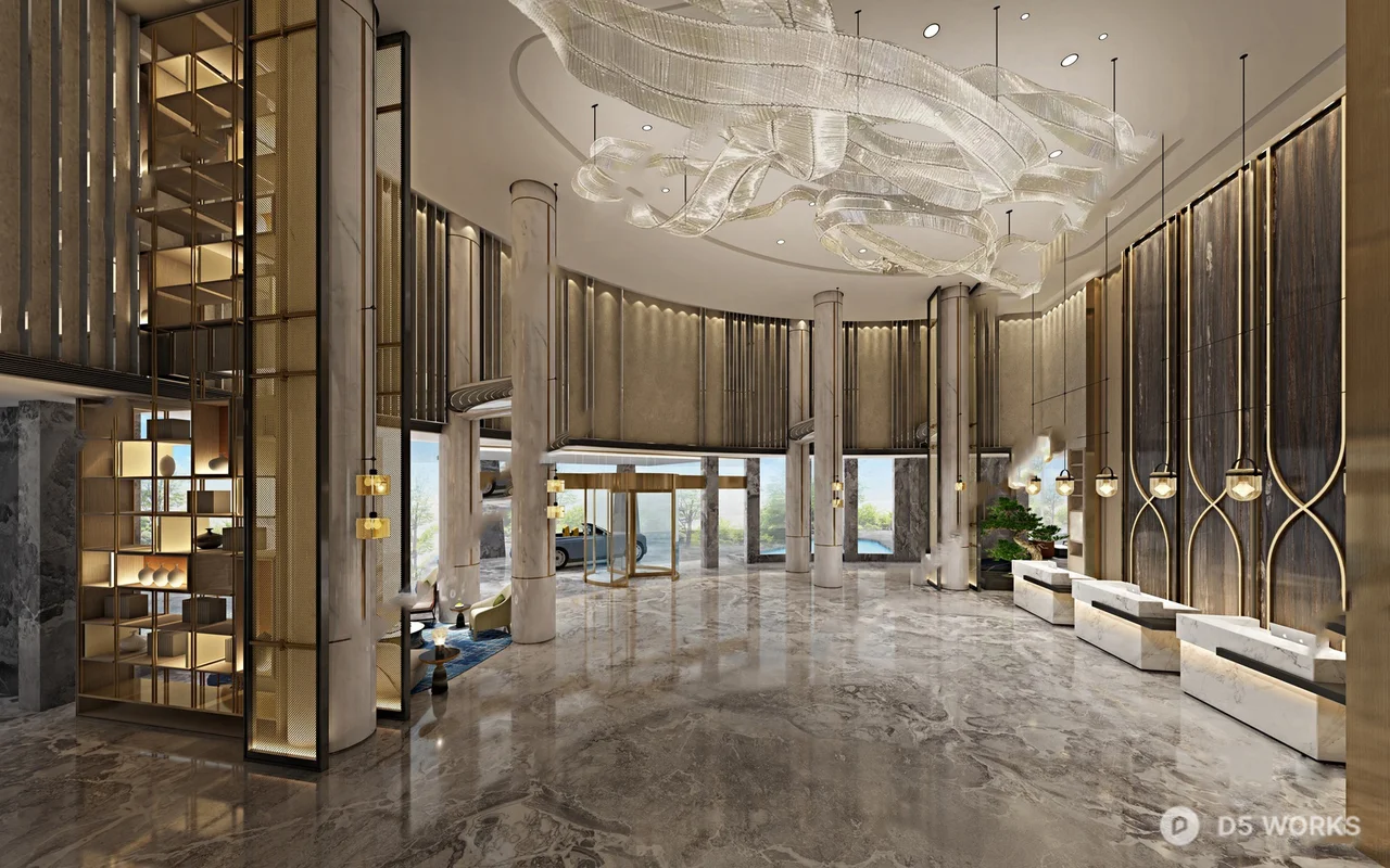 Luxury Hotel Lobby With Curved Gold Paneling And Sculptural Chandelier 3d model - Image 1