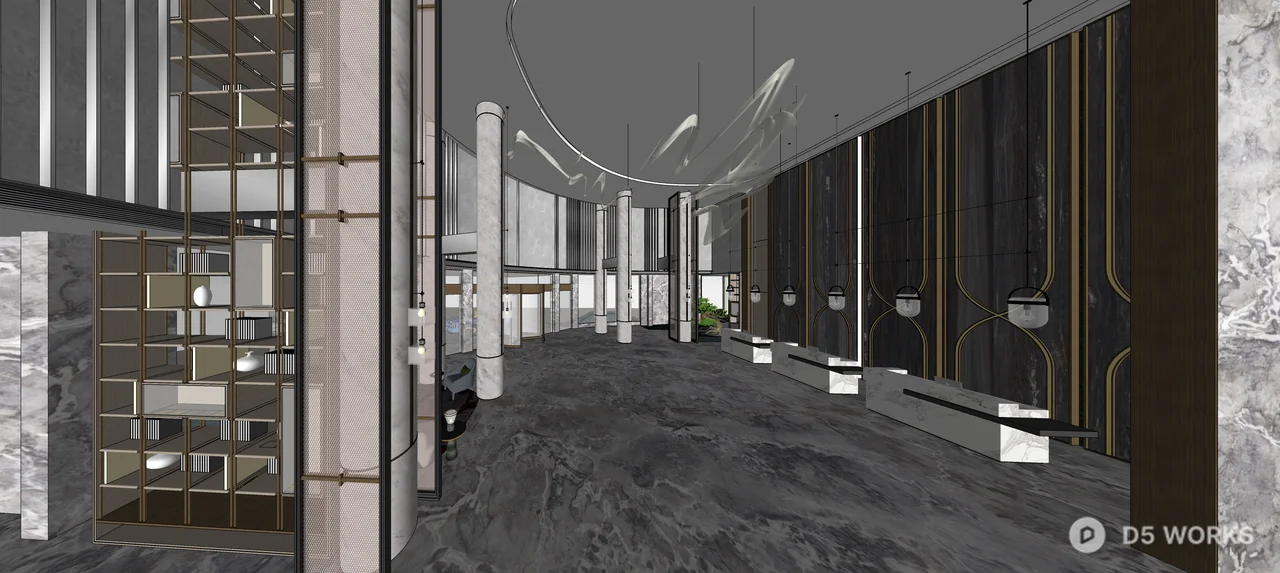 Luxury Hotel Lobby With Curved Gold Paneling And Sculptural Chandelier 3d model thumbnail 3