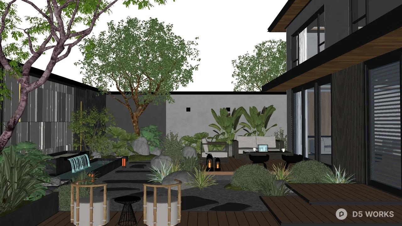 Modern Courtyard Garden With Wooden Decking And Greenery 3d model - Image 1