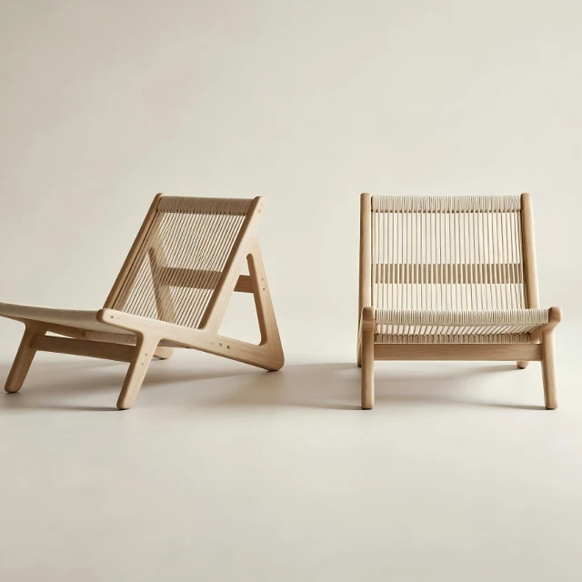 Minimalist Ash Wood and Woven Rope Lounge Chair 3d model