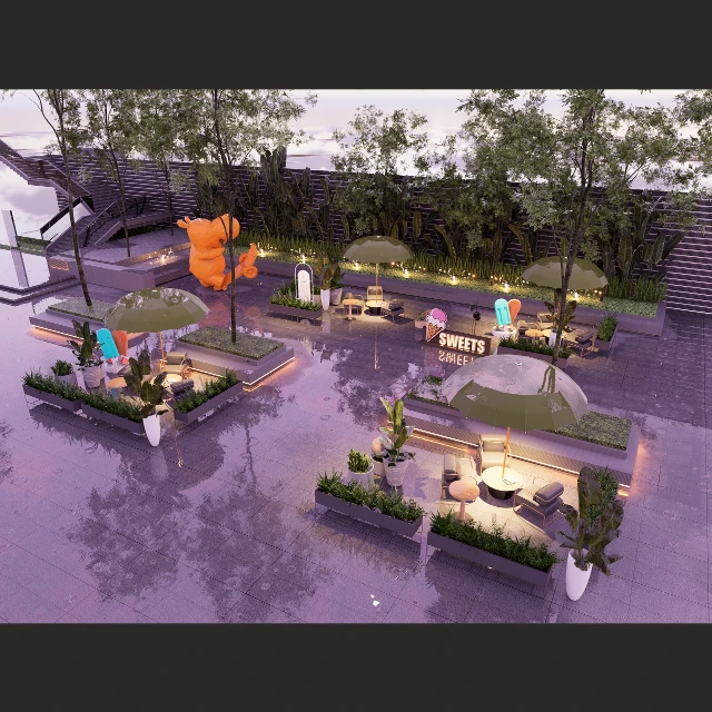 Modern Outdoor Cafe Terrace with Bamboo Garden 3d model
