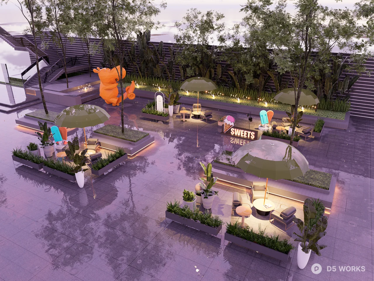 Modern Outdoor Cafe Terrace with Bamboo Garden 3d model - Image 1