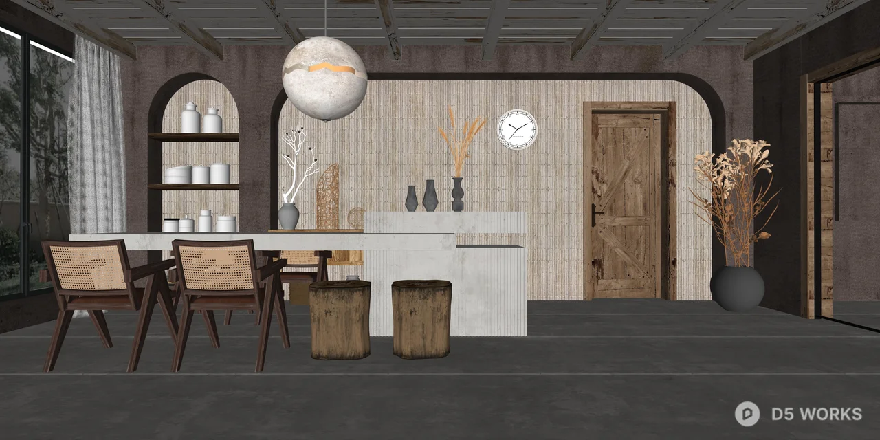 Rustic Wabi-Sabi Interior Dining Scene 3d model thumbnail 2