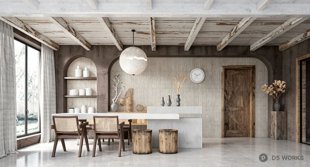 Rustic Wabi-Sabi Interior Dining Scene 3d model - Image 1