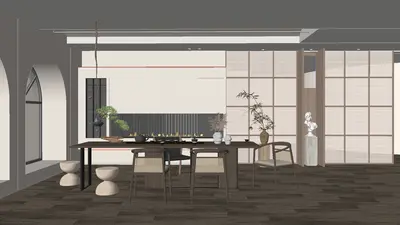 Minimalist Tea Room with Wooden Partition 3d model