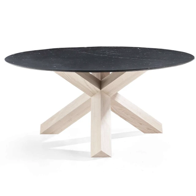 Modern Round Marble Dining Table with Oak Cross Base 3d model