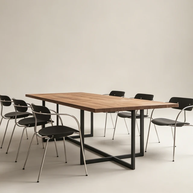 Industrial Solid Wood Dining Table with Metal Chairs 3d model