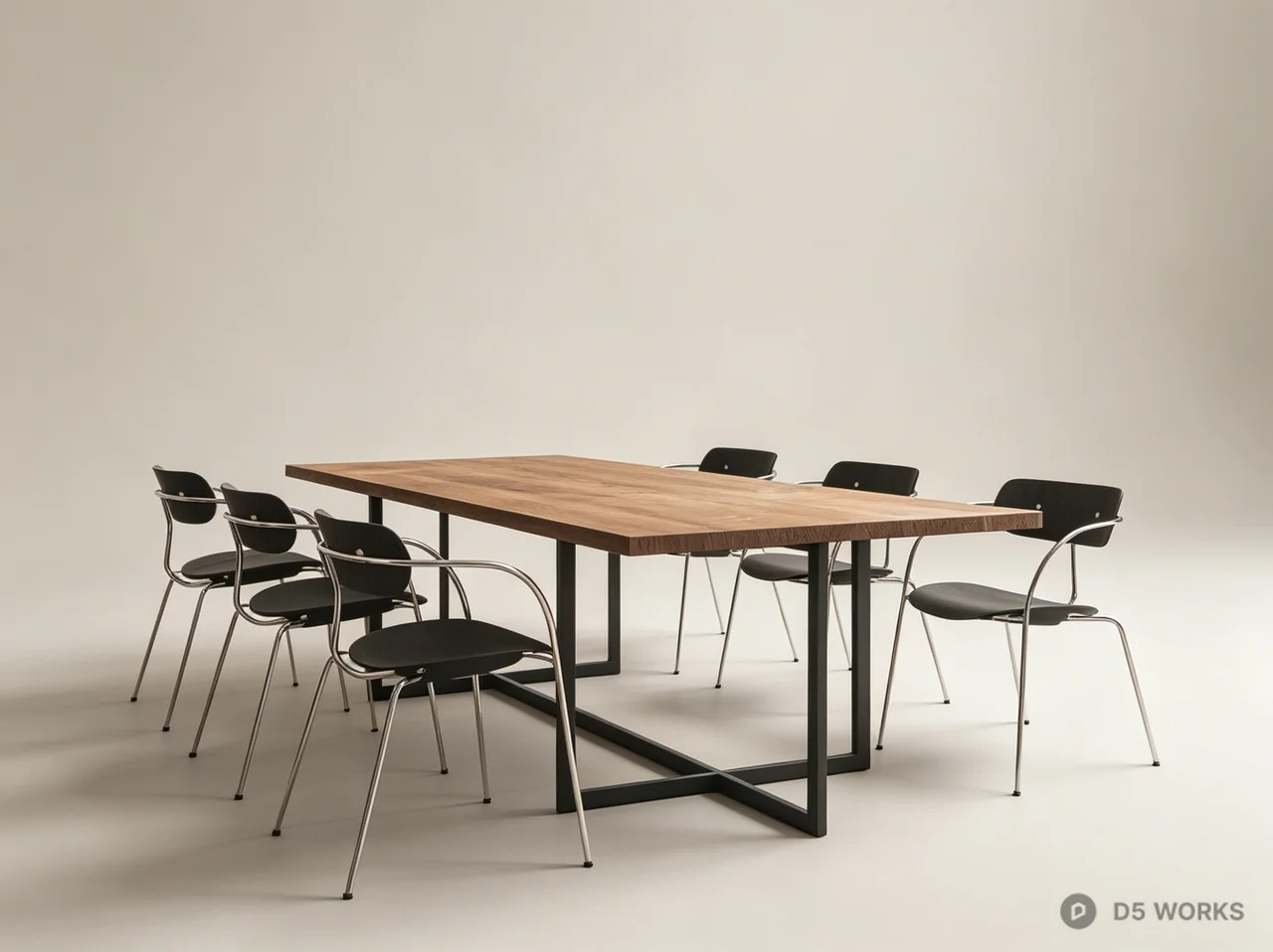 Industrial Solid Wood Dining Table with Metal Chairs 3d model - Image 1