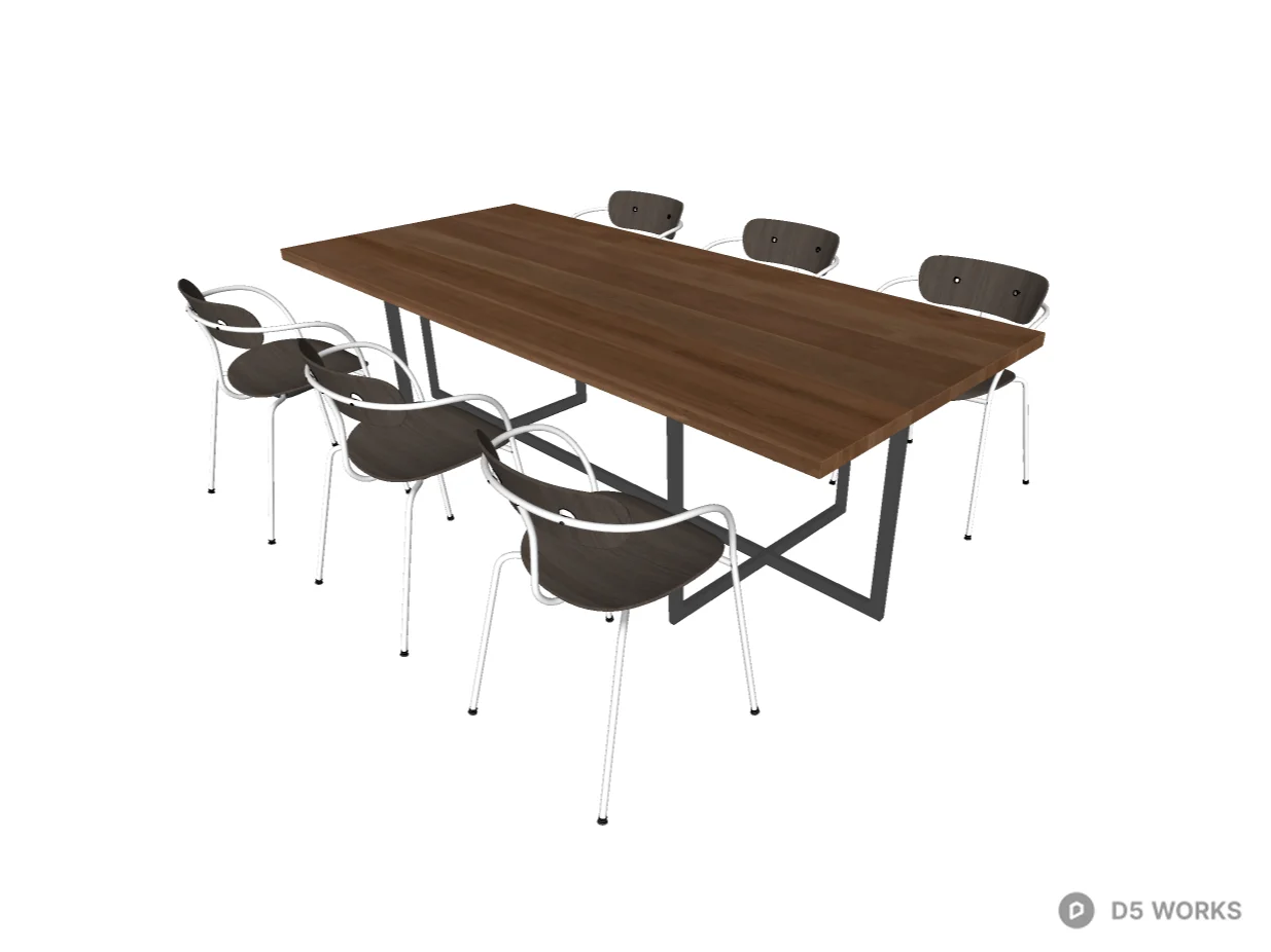 Industrial Solid Wood Dining Table with Metal Chairs 3d model thumbnail 2