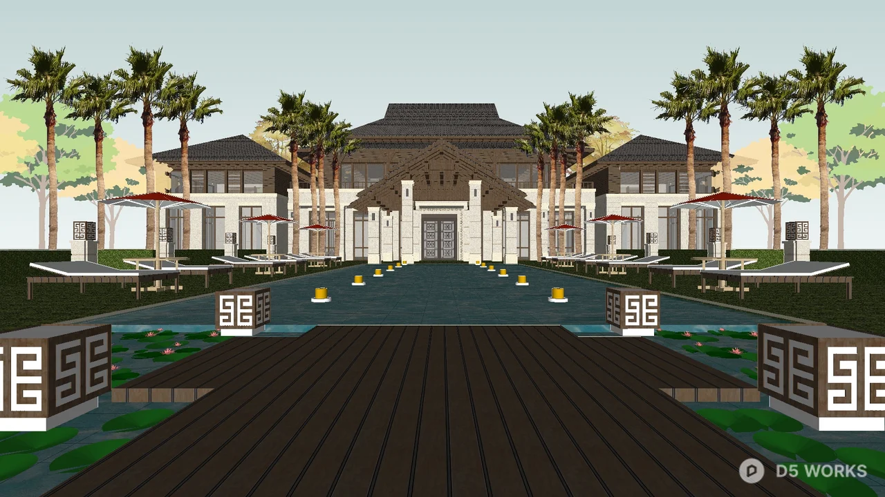 Tropical Villa Courtyard With Palm Trees And Water Feature 3d model - Image 1